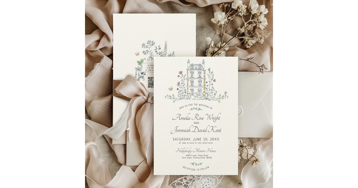 Hand Drawn Whimsical Floral Manor House Wedding Invitation | Zazzle