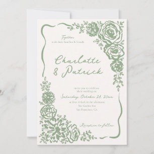 Hand drawn Whimsical Floral Sage Green Wedding Invitation