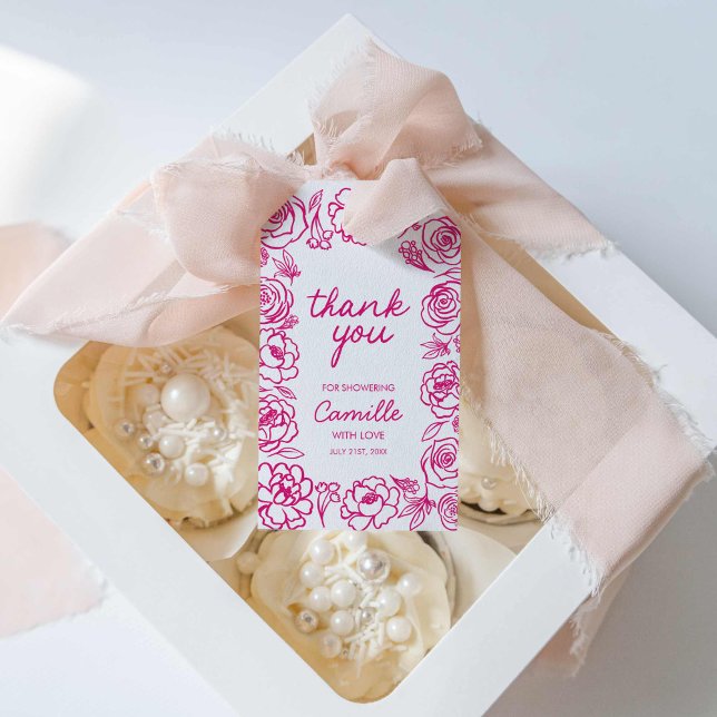 Hand Drawn Whimsical Floral Thank you Tag (Pink floral Hand Drawn Whimsical Favor Tag)