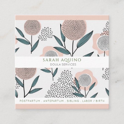Hand Drawn Whimsical Florals Peach  Green Doula Square Business Card