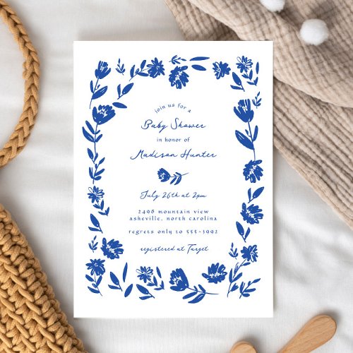 Hand Drawn Whimsical Flower Border Baby Shower Invitation