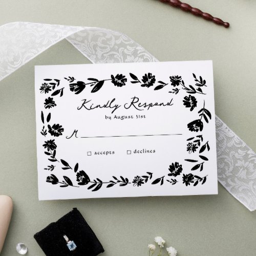 Hand Drawn Whimsical Flower Border Wedding RSVP Card
