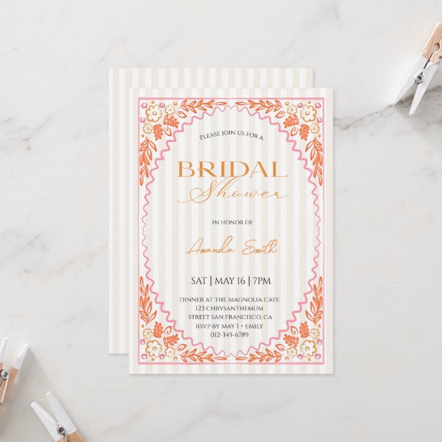 Hand Drawn Whimsical Flower Bridal shower Invitation (Front/Back In Situ)