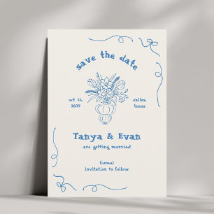 Hand Drawn Whimsical Flower Vase Blue Wedding Save The Date