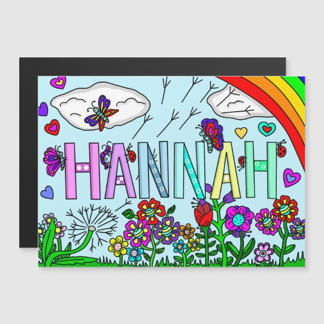 Hand Drawn Whimsical Flowers and  Name Hannah Magnetic Invitation (Front/Back)