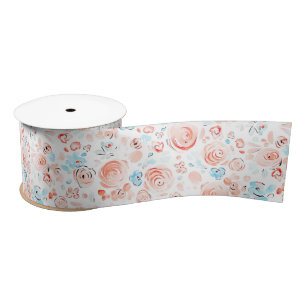 Hand Drawn Whimsical Flowers Dusty Blue and Pink Satin Ribbon