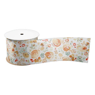Hand Drawn Whimsical Flowers Fall Earthy Shades Satin Ribbon