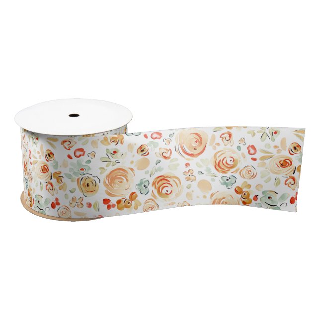 Hand Drawn Whimsical Flowers Fall Earthy Shades Satin Ribbon (Spool)