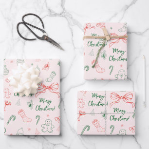 Hand Drawn Whimsical French Coquette Bow Christmas Wrapping Paper Sheets