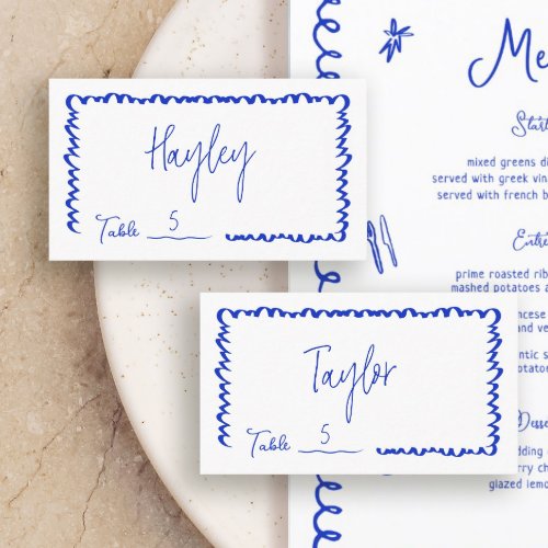 Hand Drawn Whimsical Fun Blue Wedding Table Flat Place Card