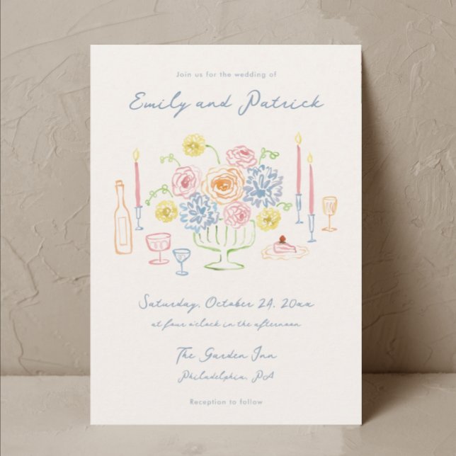 Hand drawn Whimsical Funky French Pastel Wedding Invitation (Creator Uploaded)