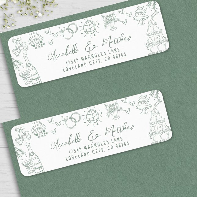 Hand Drawn Whimsical Green Wedding Return Address Label (Hand Drawn Whimsical Green Wedding Return Address label )