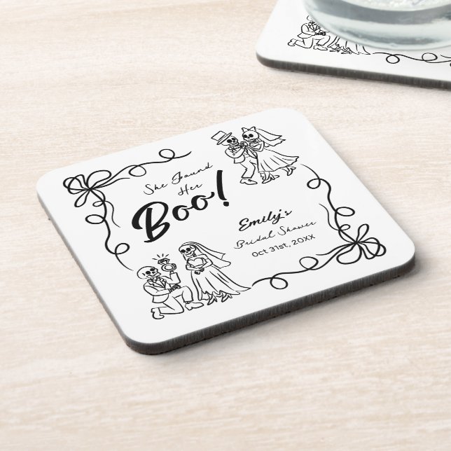 Hand Drawn Whimsical Halloween Bridal Shower Beverage Coaster (Left Side)