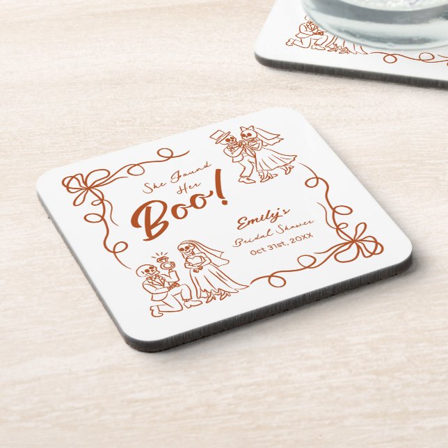 Hand Drawn Whimsical Halloween Bridal Shower Beverage Coaster (Left Side)