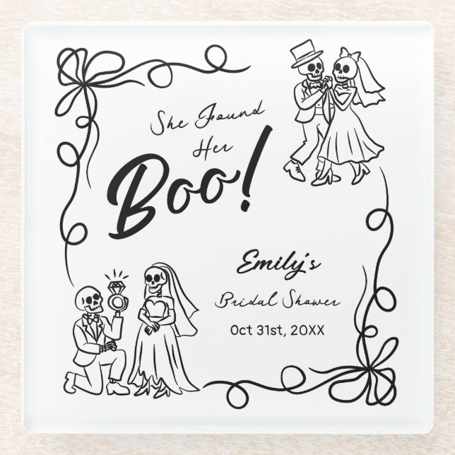 Hand Drawn Whimsical Halloween Bridal Shower Glass Coaster (Front)