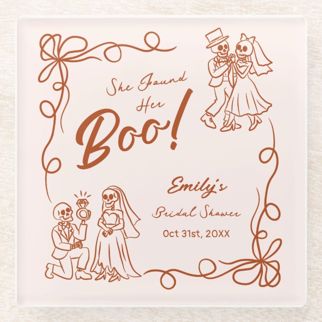 Hand Drawn Whimsical Halloween Bridal Shower Glass Coaster (Front)