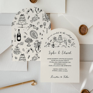 Hand-drawn whimsical line art wedding style invitation