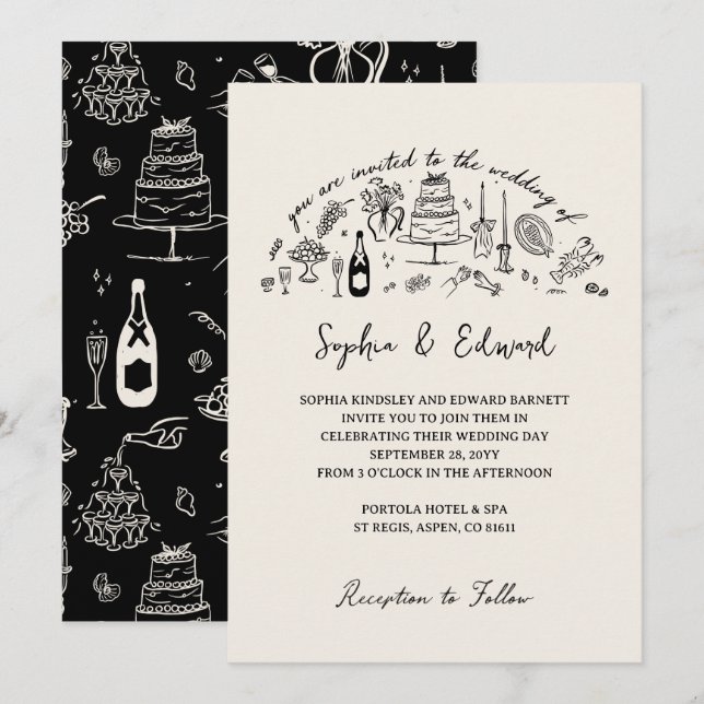 Hand-drawn whimsical line art wedding style invitation (Front/Back)