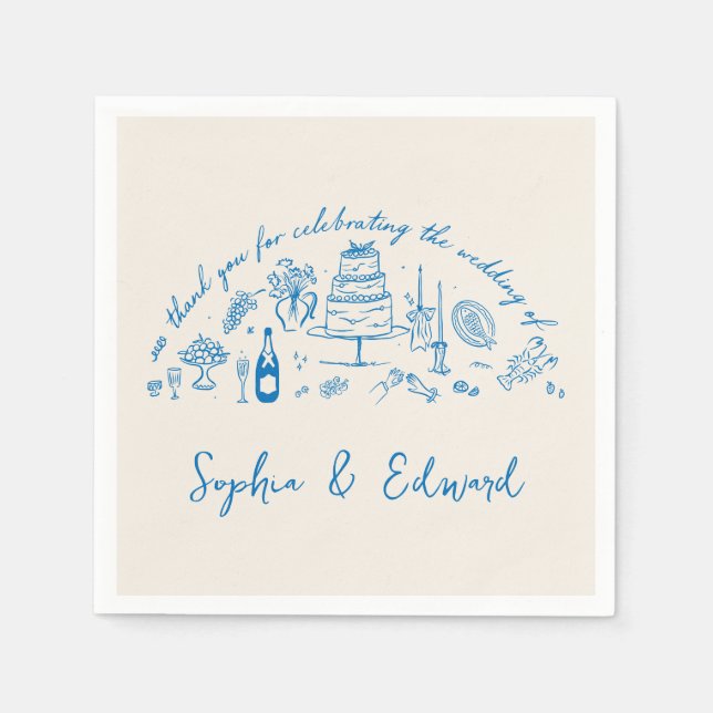 Hand-drawn whimsical line art wedding style napkins (Front)