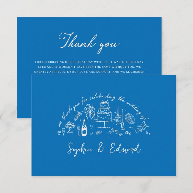 Hand-drawn whimsical line art wedding style thank you card (Front/Back)