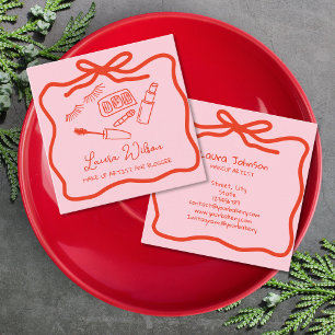 Hand Drawn Whimsical Makeup Artist Red Pink Bow Square Business Card