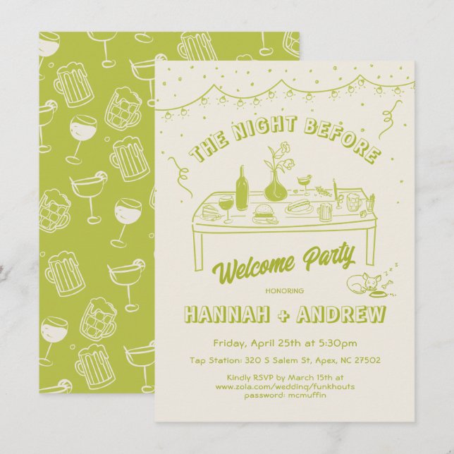 Hand drawn whimsical night before welcome party invitation (Front/Back)