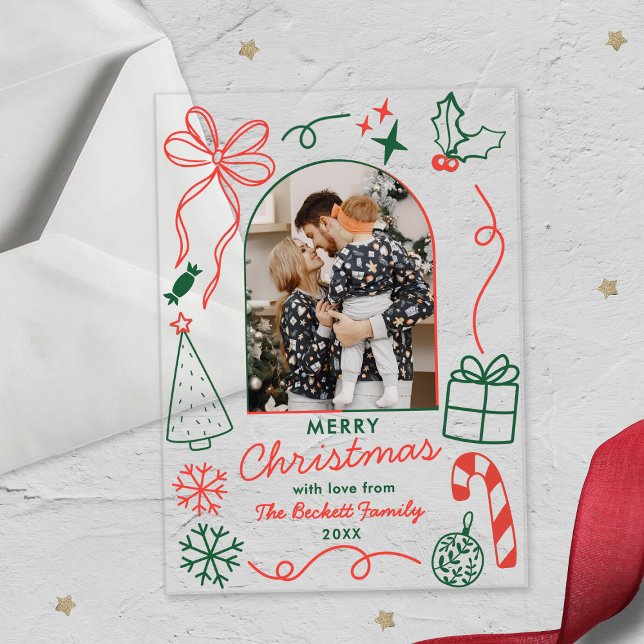Hand Drawn Whimsical Photo Arch Christmas Card Acrylic Invitations (Creator Uploaded)
