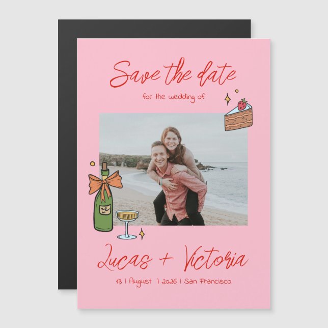 Hand Drawn Whimsical Photo Wedding Save the Date Magnetic Invitation (Front/Back)
