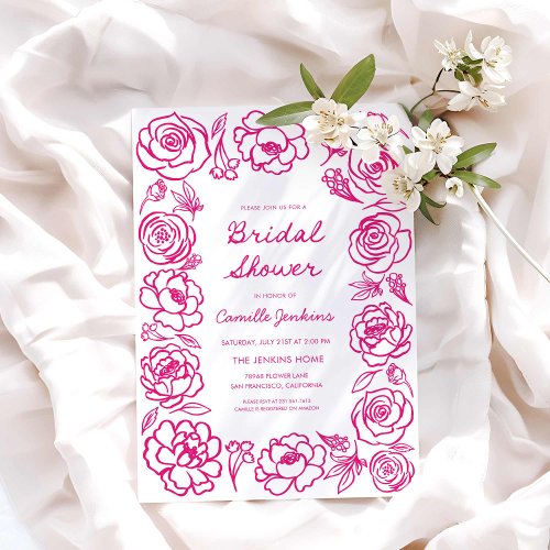 Hand Drawn Whimsical Pink Floral Bridal Shower Invitation