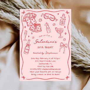 Hand Drawn Whimsical Pink Red Galentines Spa Party Invitation