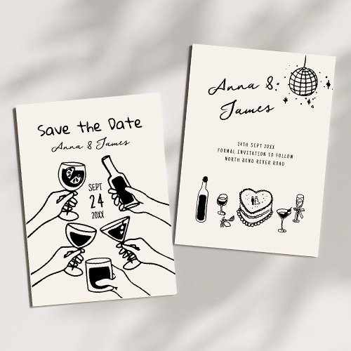 hand drawn whimsical Quirky save the date wedding Invitation