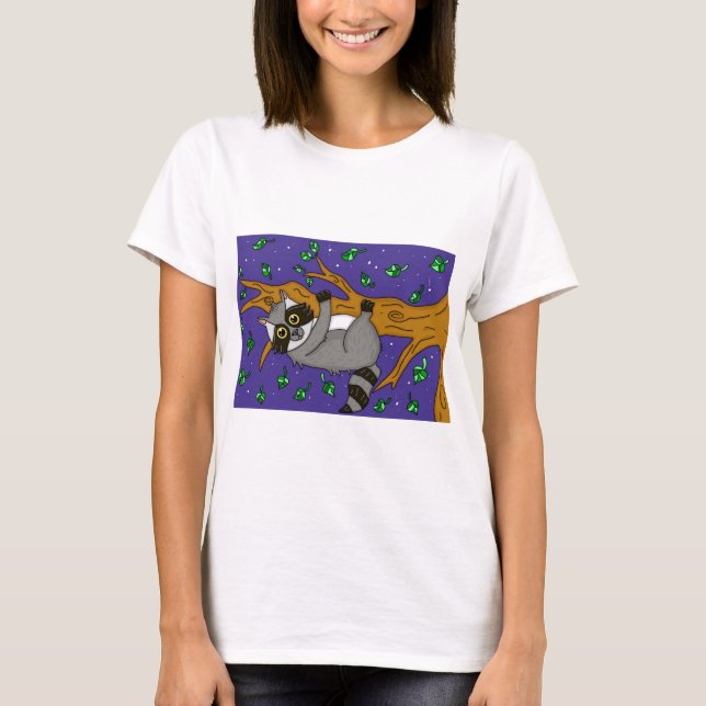 Hand drawn Whimsical Raccoon on a Starry Night T-Shirt (Front)