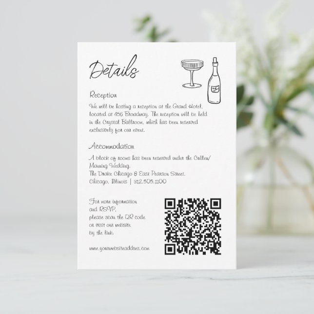 Hand drawn whimsical retro QR code wedding info Enclosure Card (Standing Front)