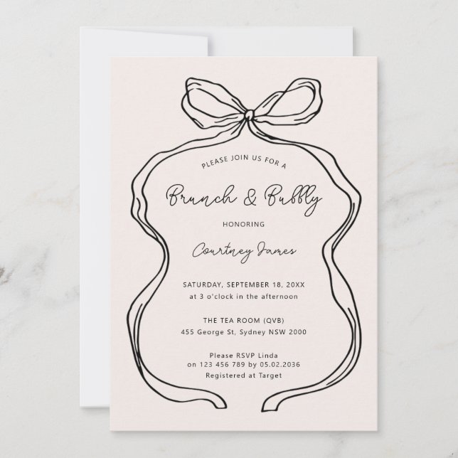 Hand Drawn Whimsical Ribbon Brunch and Bubbly Invitation (Front)