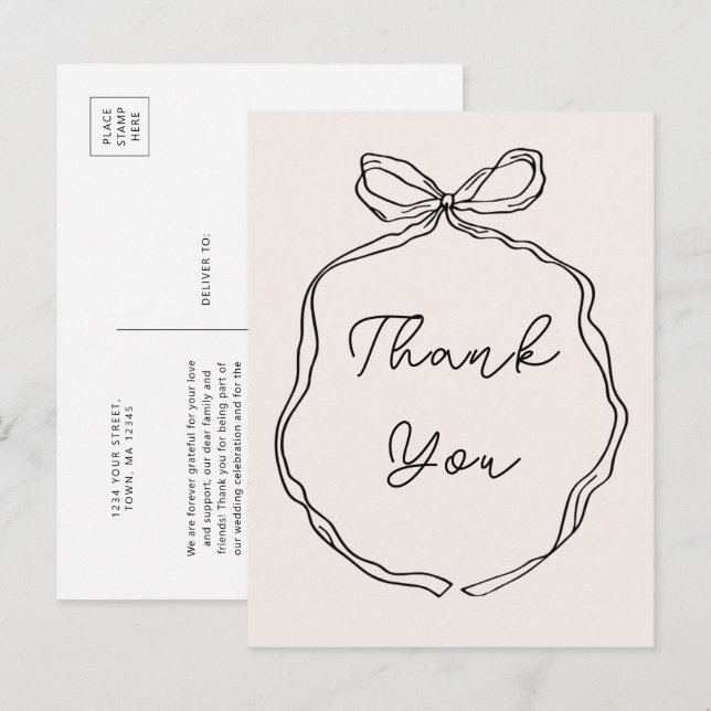 Hand Drawn Whimsical Ribbon Thank You postcard (Front/Back)