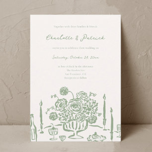 Hand drawn Whimsical Sage Green Wedding Invitation