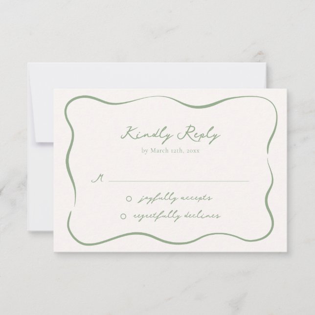 Hand drawn Whimsical Sage Green Wedding RSVP Card (Front)