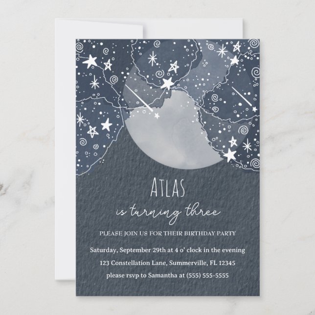 Hand Drawn Whimsical Stars and Moon Birthday Party Invitation (Front)