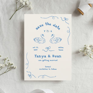 Hand Drawn Whimsical Swan Monogram Doodle Wedding Save The Date