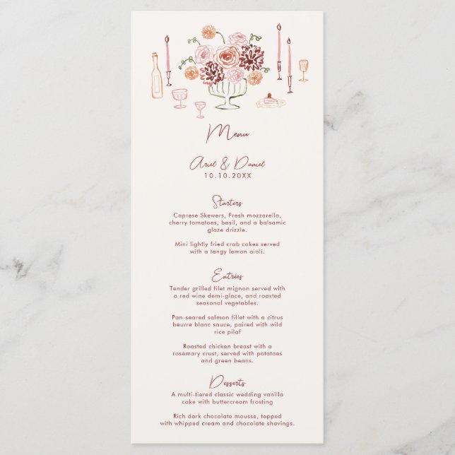 Hand Drawn Whimsical Tabletop Burgundy Wedding Menu (Front)