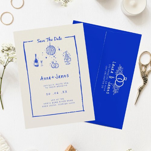  hand drawn whimsical trendy blue funky wedding invitation