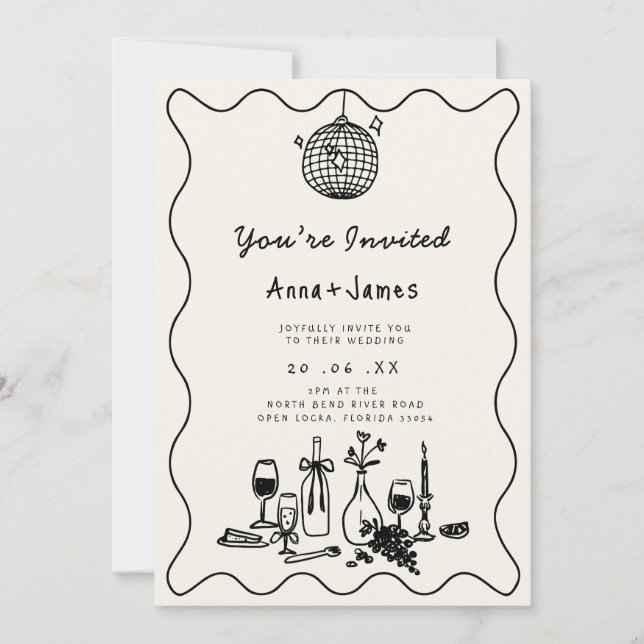  hand drawn whimsical trendy funky wedding invitation (Front)
