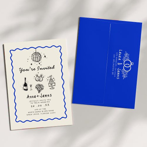  hand drawn whimsical trendy funky wedding invitation