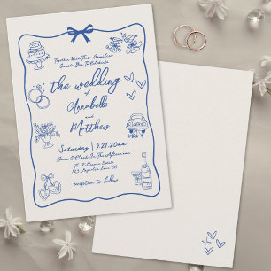 Hand Drawn Whimsical Vintage Blue Wedding Invitation