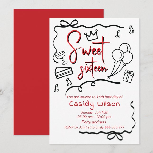 Hand drawn whimsy playful princess sweet 16 invitation (Front/Back)