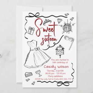 Hand drawn whimsy playful princess sweet 16 invitation