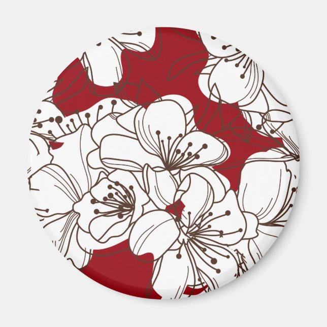 Hand Drawn White Apple Blossom Flowers on Red Magnet (Front)