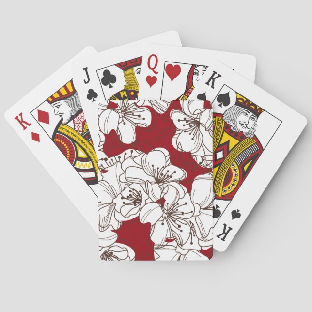 Hand Drawn White Apple Blossom Flowers on Red Poker Cards (Back)
