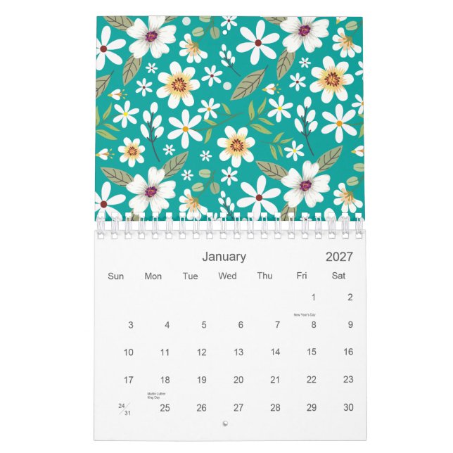 Hand Drawn White Floral Pattern 2026 Calendar (Jan 2027)