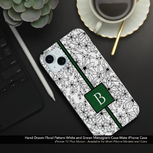 Hand Drawn White Floral Pattern and Green Monogram iPhone 15 Plus Case